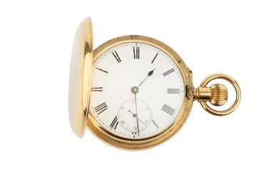 A Swiss 18ct gold hunter pocket watch, having white enamel...