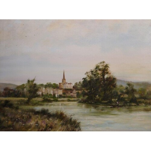 A T Avery Oil on canvas Continental river scene with spire...