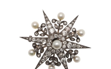 A VICTORIAN DIAMOND AND PEARL STAR BROOCH PENDANT. centred w...