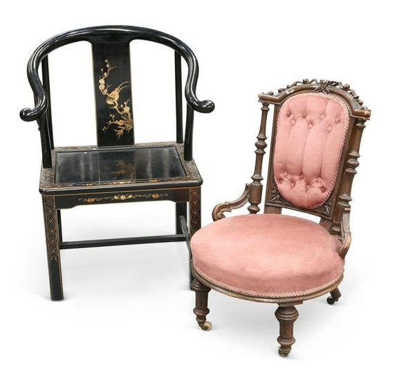A VICTORIAN WALNUT NURSING CHAIR, AND A CHINOISERIE LACQUER ARMCHAIR