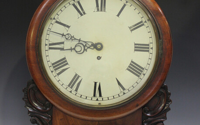 A Victorian mahogany drop dial wall timepiece with brass five pillar fusee movement, the 12-inch pai