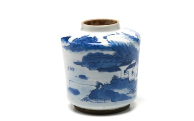 A blue and white porcelain tea caddy painted with a continuous of landscape design