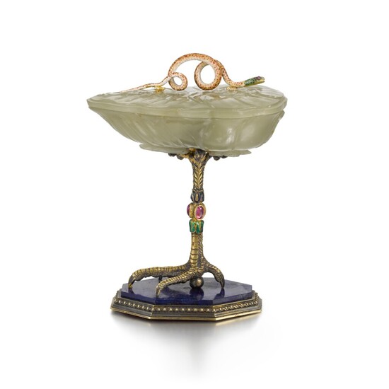 A carved jade bowl with jewelled and enamelled silver-gilt mounts, 19th century