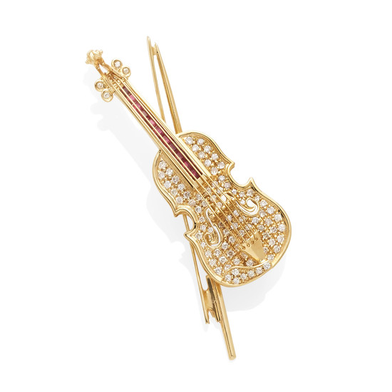 A gold, diamond and ruby violin brooch