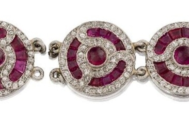 A group of Art Deco, platinum, ruby and diamond panels, formerly from a bracelet, of circular target cluster design with central cabochon ruby calibre ruby and old-brilliant-cut diamond borders to chain-link connections, approx. width of panels...