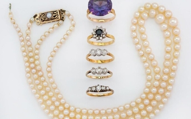 AMENDMENT, PLEASE NOTE THAT THIS LOT DOES NOT INCLUDE A GRADUATED CULTURED PEARL NECKLACE AS LISTED IN THE ONLINE CATALOGUE A group of jewellery, comprising: an old-brilliant-cut diamond five stone half-hoop ring; two old-brilliant-cut diamond...