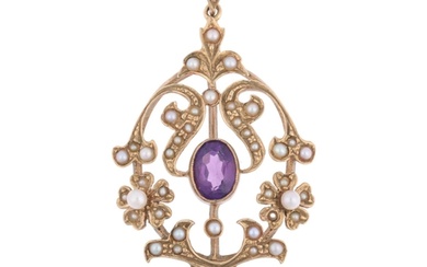 A late 20th century 9ct gold amethyst and pearl openwork pen...