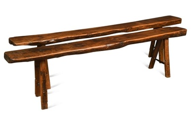 A near pair of yew wood benches, 19th century