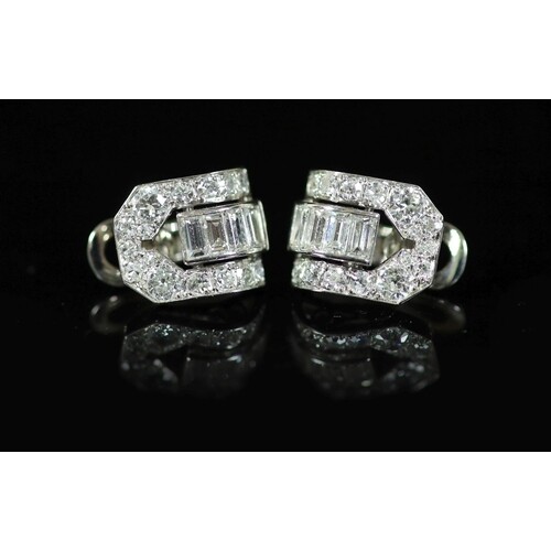 A pair of French Art Deco style 18ct gold, round and baguett...