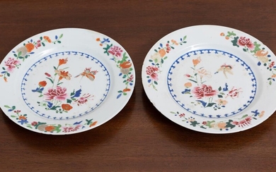 A pair of floral painted dishes, Diameter 23cm, some minor...