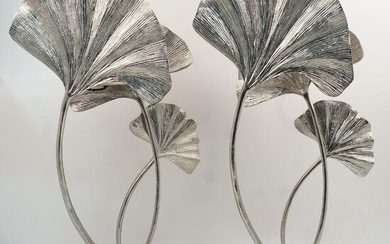 A pair of modern silvered table lamps, after Tomasso Barbi, modelled as Ginkgo leaves, 77cm high It is the buyer's responsibility to ensure that electrical items are professionally rewired for use
