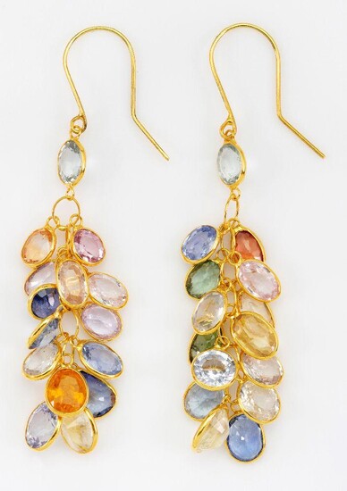 A pair of vari-coloured sapphire drop earrings, each composed of multi sapphire collet mounted drops, length approx. 4.3cm.