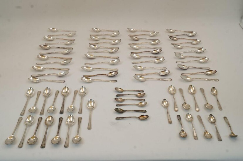 A quantity of silver plated flatware, comprising: 43 Hanoverian pattern teaspoons by Mappin & Webb (comprising 24 smaller and 19 larger examples); 15 Art Deco style coffee spoons; 6 Hanoverian pattern coffee spoons (comprising 2 by Mappin & Webb...