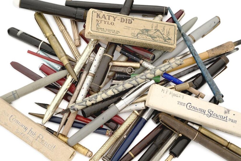 A quantity of vintage and later pens and pencils, including engine turned gold case pencils (defective); two fountain pens by Conway Stewart in original card boxes, and various other fountain pens, pencils and novelty items and fittings (a lot)
