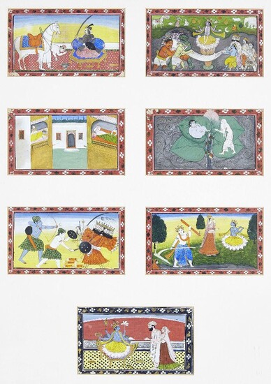 A series of twenty-one illustrations from a small manuscript, Kangra, India, circa 1800, opaque pigments heightened with gold on paper, framed in groups of seven, each illustration 14.5 x 8.2cm., frame 82 x 56cm.