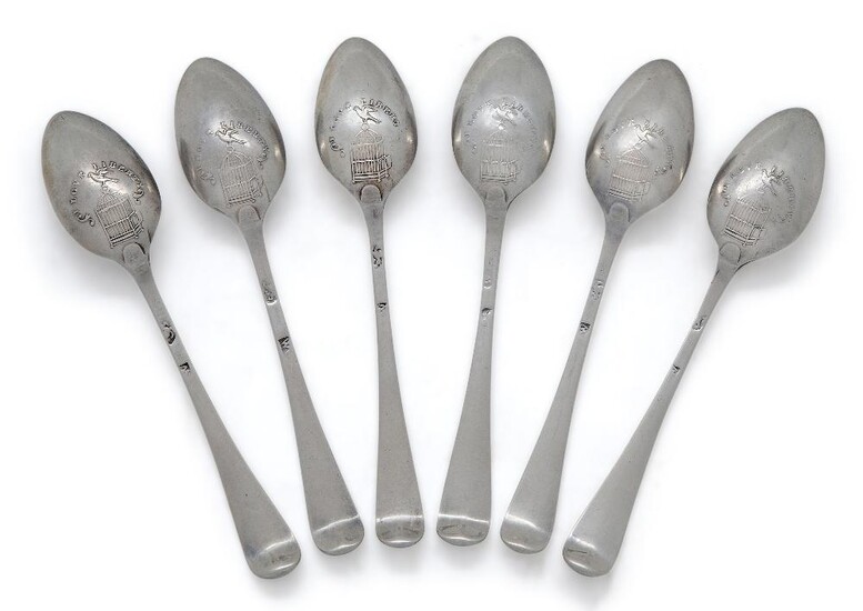 A set of six George III silver 'I Love Liberty' picture-back teaspoons, London, c.1765, William Withers, Old English pattern, the reverse of each bowl decorated with bird perched on cage with open door (to right) beneath the words 'I Love Liberty'...