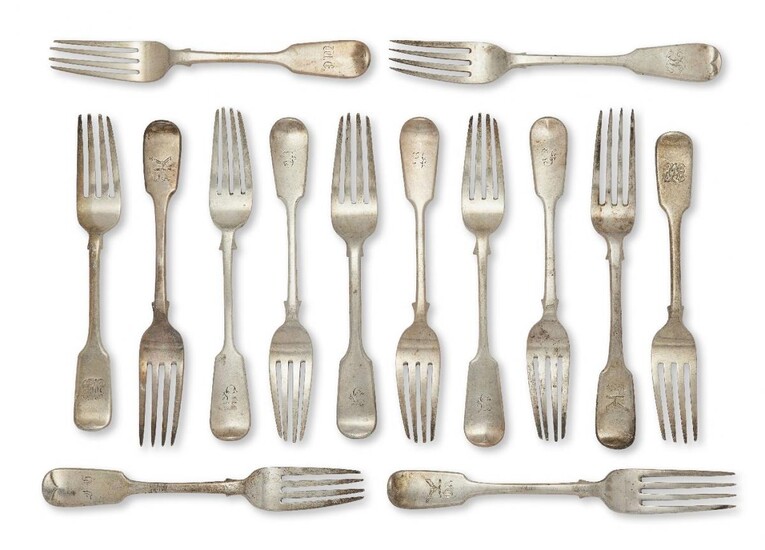 A set of six Victorian silver table forks, Exeter, c.1875, Josiah Williams & Co (one London, c.1843, Samuel Hayne & Dudley Cater, all of fiddle pattern with engraved initial to terminal , together with a set of three Irish silver table forks...