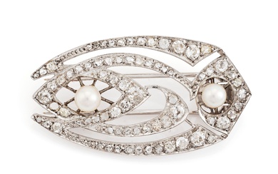 A silver brooch set with old- and rose-cut diamonds and pearls