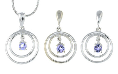 A tanzanite and single-cut diamond pendant, with chain, together with a pair of matching drop earrings.