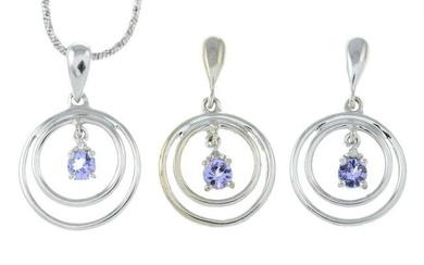 A tanzanite and single-cut diamond pendant, with chain, together with a pair of matching drop