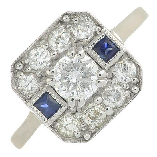 A vari-cut diamond cluster ring, with sapphire