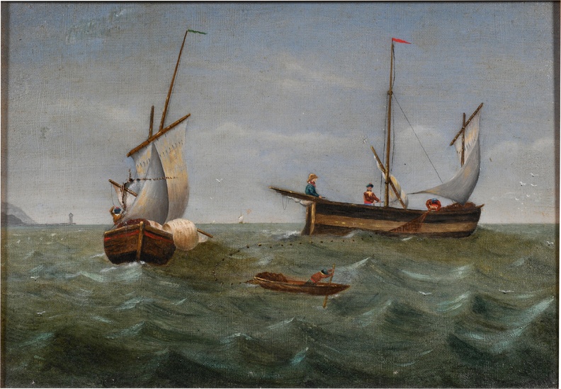 AMERICAN SCHOOL , 19TH CENTURY, SAILING SHIPS, Oil on canvas, 9 3/4 x 13 in. (24.8 x 33 cm.), Frame: 13 x 17 in. (33 x 43.2 cm.)