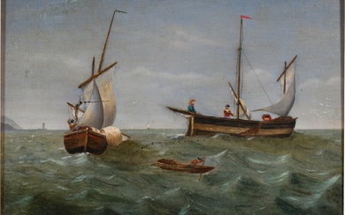 AMERICAN SCHOOL , 19TH CENTURY, SAILING SHIPS, Oil on canvas, 9 3/4 x 13 in. (24.8 x 33 cm.), Frame: 13 x 17 in. (33 x 43.2 cm.)