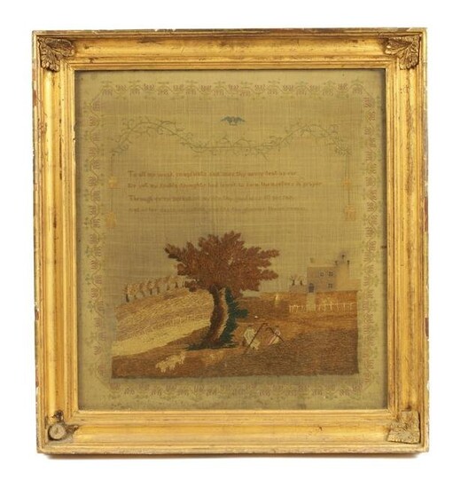 AN EARLY 19TH CENTURY SAMPLER with stump work panel