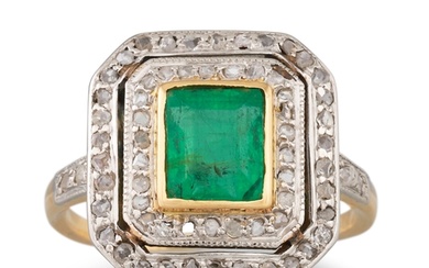 AN EMERALD AND DIAMOND CLUSTER RING, the rectangular emerald...