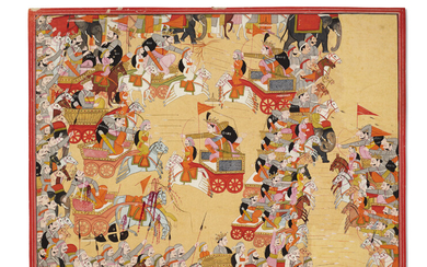 AN ILLUSTRATION FROM A MAHABHARATA SERIES: ABHIMANYU IN THE CHAKRAVYUHA INDIA, PUNJAB HILLS, KANGRA, ATTRIBUTED TO PURKHU, 1800-1820