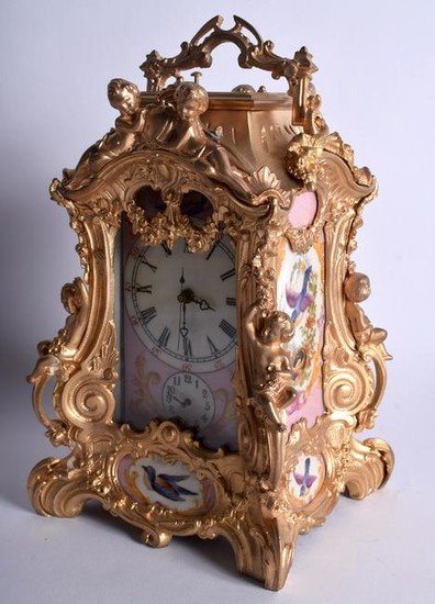 AN ORMOLU MANTEL CLOCK INSET WITH PINK SEVRES STYLE