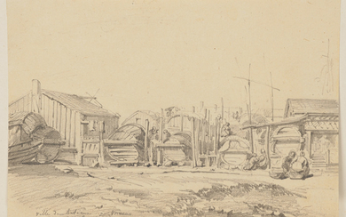 AUGUSTE BORGET (ISSOUDUN 1808-1877 BOURGES), Quatre vues de Chine : Bateaux à Macao, Un voilier, Deux chinois assis devant leur maison, Temple dans un paysage