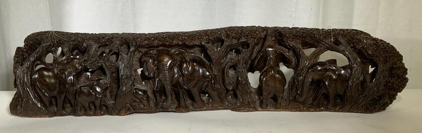 African Wooden Relief Panel, Elephant Grouping