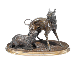 After Pierre-Jules Mêne (French, 1810-1879): A late 19th century Coalbrookdale patinated bronze model of a King Charles spaniel and an Italian greyhound