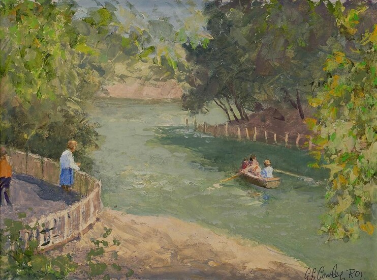 Alan Stenhouse Gourley PROI, British 1909-1991 - River scene; oil on board, signed lower right 'A S Gourley ROI', 26.3 x 35.2 cm (ARR)