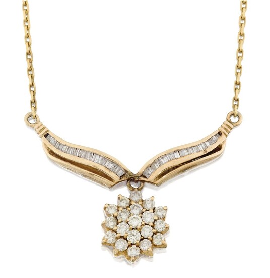 An 18ct gold, diamond cluster necklace, designed with a pave-diamond flowerhead suspended from shaped panels with calibre-set baguette diamonds, cable link chain length approx. 42cm, pendant width approx. 1.4cm