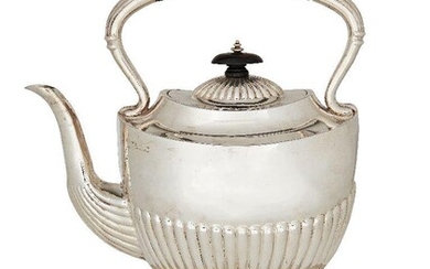 An Edwardian silver tea kettle and stand, Sheffield, c.1906, Harrison Brothers & Howson, the burner a matched example, London, c.1908, Goldsmiths & Silversmiths Co Ltd., the kettle of half lobed design with fixed wooden handle and finial, total...
