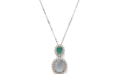 An aquamarine, emerald and diamond pendant