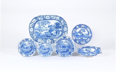 An assortment of Staffordshire blue and white printed pottery decorated with deer related subjects
