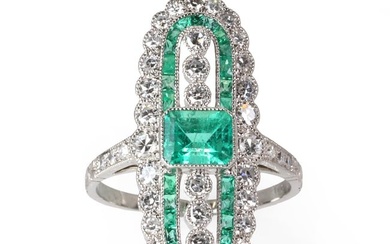 An emerald and diamond oval plaque ring
