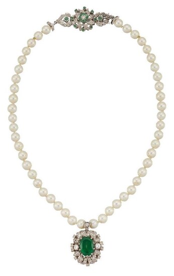 An emerald, diamond and cultured pearl necklace,...