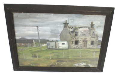 An oil on board painting in the style of Fred Yates. Depicting a cottage and caravan behind a fence.