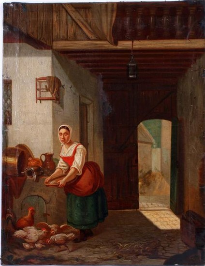 Anonymous, feeding the chickens, cloth 19th century