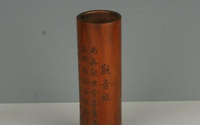 Antique Chinese Bamboo Brush Pen holder Carved Kuanyin