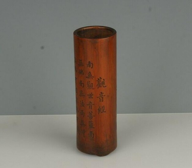 Antique Chinese Bamboo Brush Pen holder Carved Kuanyin