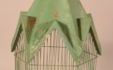 Antique Green-Painted Tin and Wire Bird Cage
