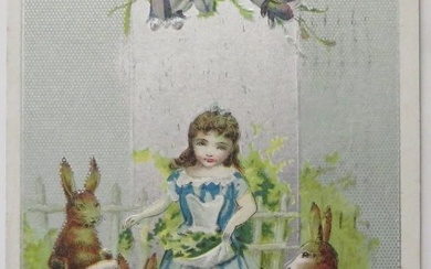 Antique Victorian Eastertide Greeting Card, Girl & Rabbits, Mailed 1910