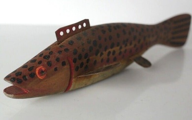 Antique folk art Weighted FISH Decoy hand painted wood in shaded browns reds