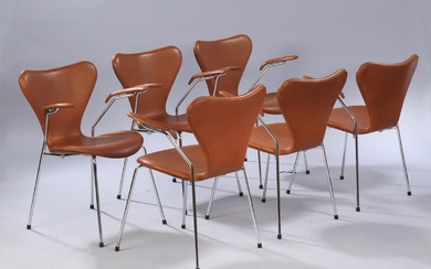 Arne Jacobsen. A set of six 'Syveren' armchairs, model 3207, dark cognac colored aniline leather (6)