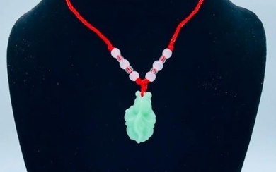 Asian Green Jade Carved Koi Fish Pendant Paired With Braided Rope Necklace